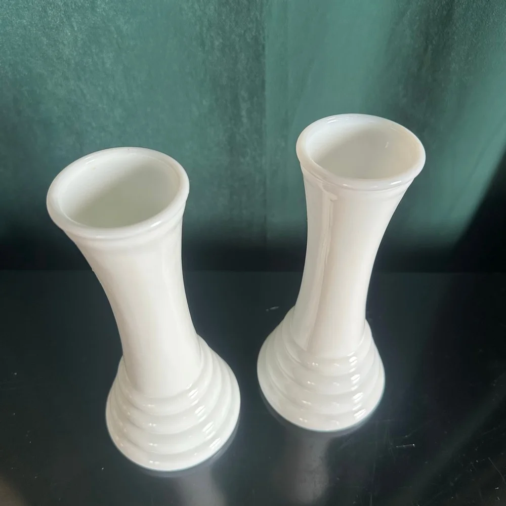 Vintage Randall White Milk Glass Bud Vases, Beehive Ringed BaseSet of 2